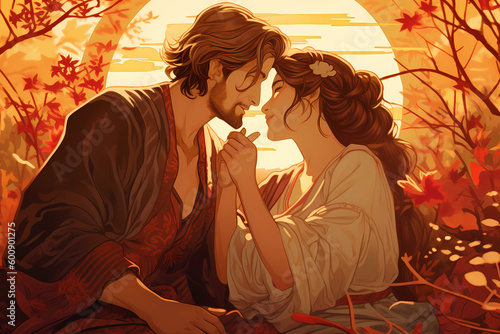 romance in historical Asia painting in art nouveau style