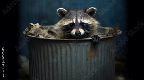 A curious raccoon poking around a trash can. AI generated