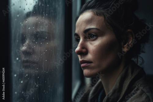 Grief-stricken Woman Gazing Out a Rain-Streaked Window, Lost in Thought, generative ai