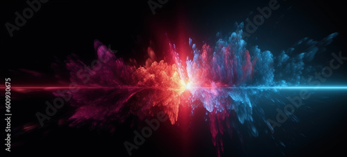 Red and blue particles colliding and exploding. Science concept. Powerful burst of light.