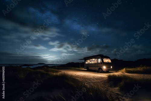Motor home caravan camping car RV driving through a sustainable environmental landscape with starry sky at night or late evening time. Spending time in recreation vehicle nature concept. Generative AI