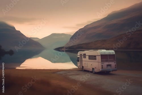 Motor home caravan camping car RV driving through beautiful mountain landscape of rocky hills and pure lake in sunset or sunrise. Spending time in recreation vehicle van nature concept. Generative AI