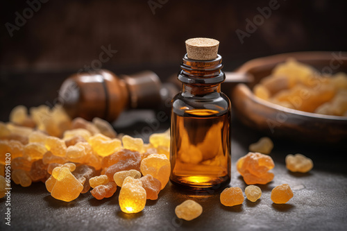 Essential oil extract Frankincense into a little bottle. Created with generative AI tools