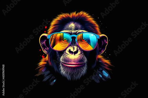 Generative AI illustration of a monkey logo, a chimpanzee wearing sunglasses on a black isolated background.