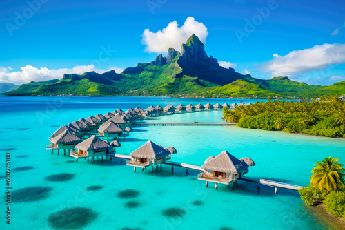 A peaceful and tranquil lagoon in Bora Bora, French Polynesia, with crystal-clear waters and overwater bungalows dotting the shoreline