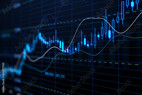 Perspective view of stock market growth, business investing and data concept with digital financial chart graphs, diagrams and indicators on dark blue blurry background. 3D rendering