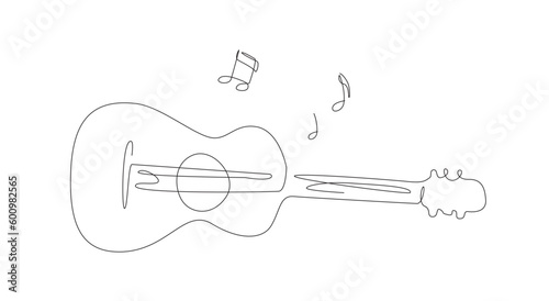 One line acoustic guitar illustration with notes. Music band instrument line art. steel guitar logo icons vector design.