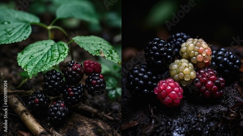 Beautiful Organic Background of Freshly Sweet Blackberries in Two Image. Created By Generative AI Technology.