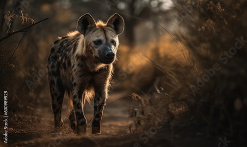 photo of hyena standing on a path between savannah tall grass. Generative AI