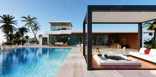 3d render Front view of modern luxury villa with swimming pool and pergola