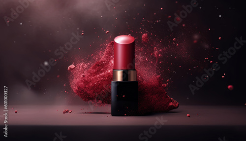 Close up with red lipstick lockup, floating powder and gradient background