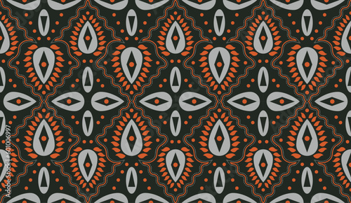 ethnic geometric and floral patern. vector illustration with horizontal layout. combination orange and silver on dark green background. abstract seamless vector pattern with leaf and circle shape.