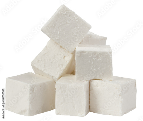 Feta, Greek cheese cubes, isolated on white background, full depth of field