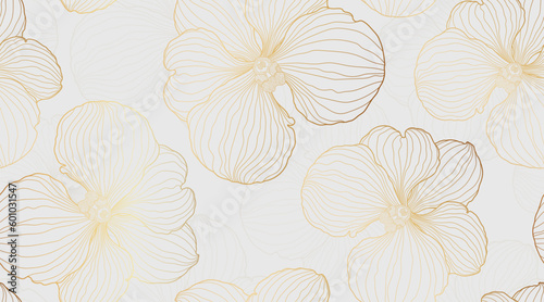 Luxury orchid seamless pattern on white background. Golden orchid flower line art design. Hand drawn. Suit for cover, wallpaper, wall art, fabric, prints, wedding, wrapping, invitation
