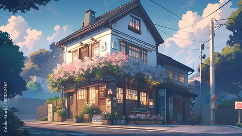 Anime background of traditional Japanese home on street in the town, generative AI