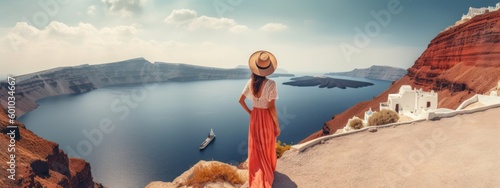Luxury travel woman looking panorama. Sun hat maxi dress woman relaxing sea view in Santorini, Oia, Greece. Destination Europe. Concept web banner. Generative AI