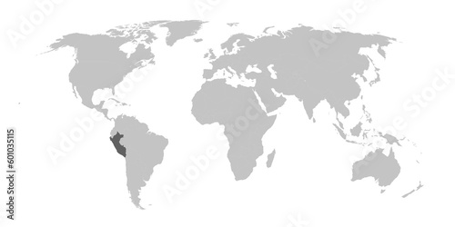 Map of the world with the country of Peru highlighted in grey.