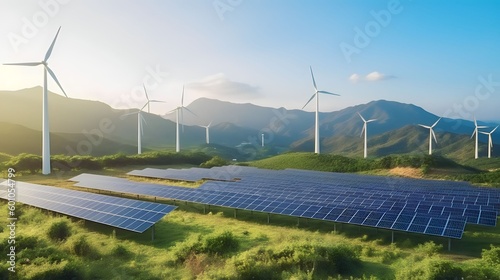 Solar energy panel photovoltaic cell and wind turbine farm power generator in nature landscape, Generative AI