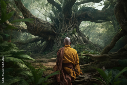 Buddhist monk meditating in front of big tree. AI generative. IA generativa