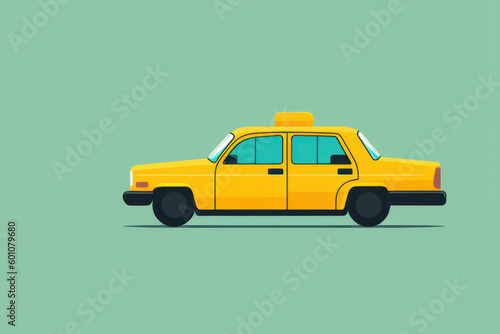 Cartoon illustration of yellow taxi car with shadow on turquoise background