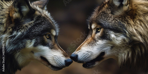 two wolves face each other, aggressive mood of a turf war to make the hierarchy clear, generative ai