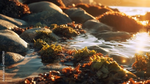 Coastal rocks at Sunset with Seaweed