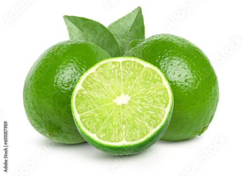Natural fresh lime and lime slice with green leaf isolated on a white background cut out