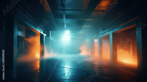 Smoke Fog, Mist Big Hall Neon City Retro Modern Virtual Reality Sci Fi, Futuristic Blade Runner Orange Blue Concrete, 3D Rendering, Illustration. Generative AI
