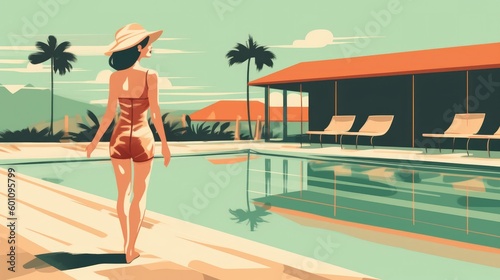 Retro style vector illustration of a girl by the pool