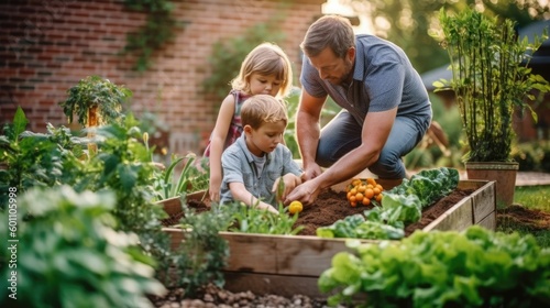 Family gardening in backyard vegetable garden