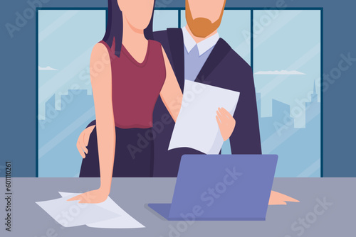 sexual harassment, assault, abuse at workplace, sexism discrimination concept vector, man assaulting on woman illustration, inappropriate behavior at workplace with boss harassing employee