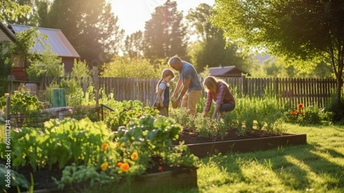 Family gardening in backyard vegetable garden