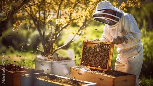 honey farming and beekeeper with crate ,Generative AI 