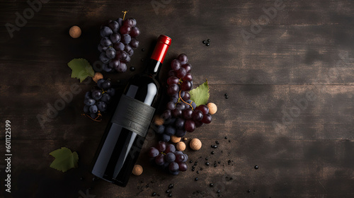 Vintage bottle of red wine with blank matte black label, bunch of grapes on wooden table, concrete wall background. Expensive bottle of cabernet sauvignon concept. Generative AI