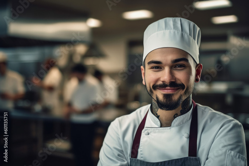Portrait of a proud chef in the kitchen of his restaurant. Composite with different elements made with generative AI