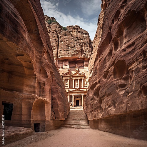 a large stone building with Petra in the background