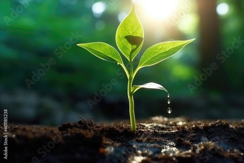 Growing plant with water droplet basking in sunlight. (Generative AI)