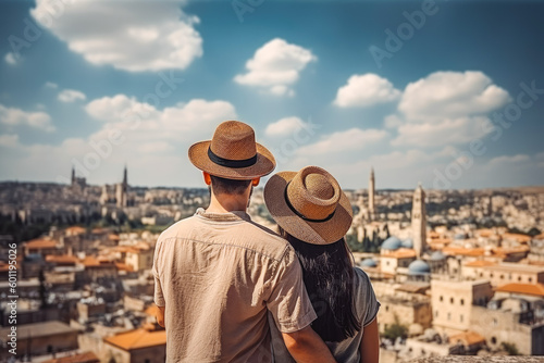 Jerusalem travel destination. Tourist couple on sunny day in city beautiful urban landscape view. Generative AI.