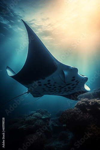 Beautiful manta ray under the ocean