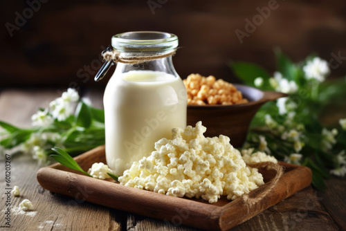 Small glass bottle with milk, pile of white grains near, Kefir superfood concept. Generative AI