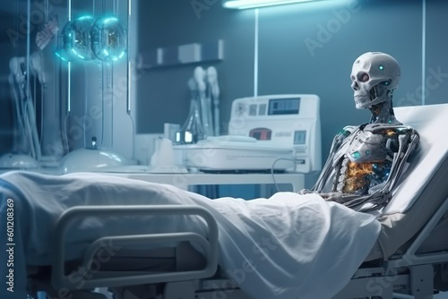 Skeleton with a skull in a hospital bed. The concept of eternal life. AI generated, human enhanced