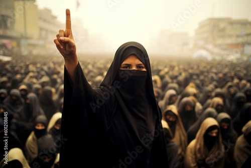 Arab woman protesting at a social rally. AI generated, human enhanced