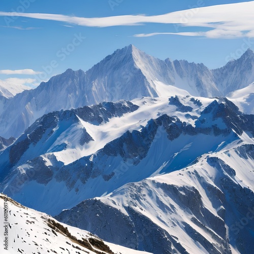 A snowy mountain range with powdery snow and a bright blue sky5, Generative AI