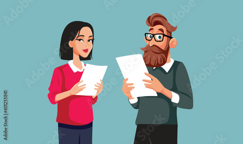 Office Workers Holding Documents Vector Cartoon Illustration. Business people reading contracts and clauses in partnership 