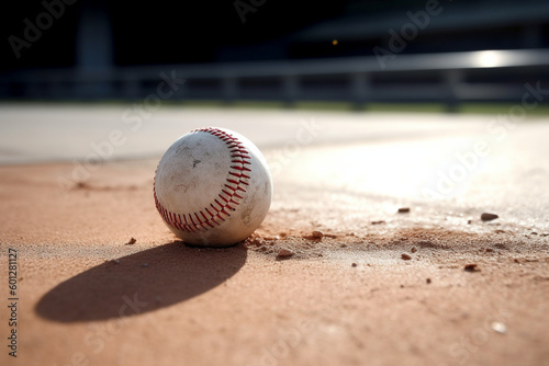 A baseball lies on the gravel outside the dugout prior to a minor league game,