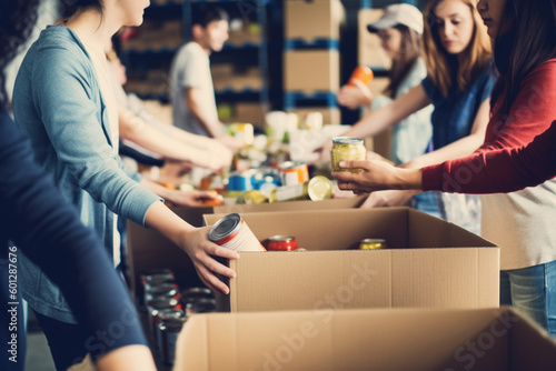 A group of unrecognizable people volunteering at a local food bank showcasing compassion generosity and community service,