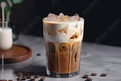 classic iced coffee latte in white cup with hand-drawn designs, created with generative ai