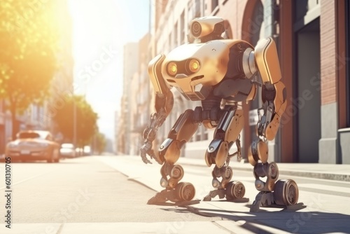mechanical Futuristic Robot in Sunny Day Street, Generative AI Illustration
