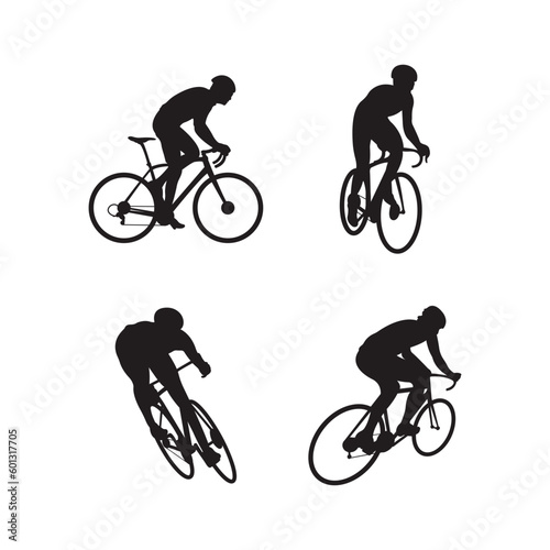 Cyclist Silhouette set. Black silhouette of a cyclist on a white background. Man on a bicycle in a helmet.