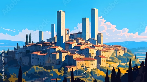 Illustration of beautiful view of San Gimignano, Italy